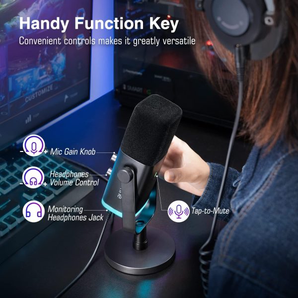 FIFINE USB/XLR Dynamic Microphone for Podcast Recording, PC Computer Gaming Streaming Mic with RGB Light, Mute Button, Headphones Jack, Desktop Stand, Vocal Mic for Singing YouTube-AmpliGame AM8 - Image 6