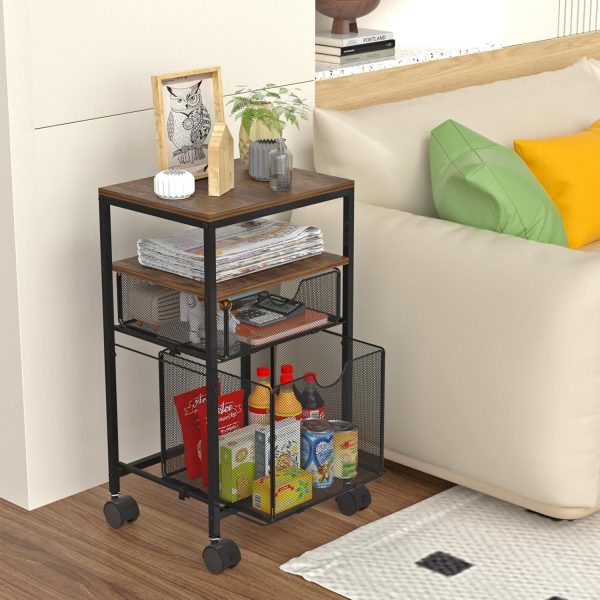 Rolling File Cart with 2 Storage Drawers, Wood & Mesh Hanging File Folder Organizer with Wheels Under Desk, File Cabinets for Home Office, 14.7" L x 11.8" D x 25.3" H - Image 2