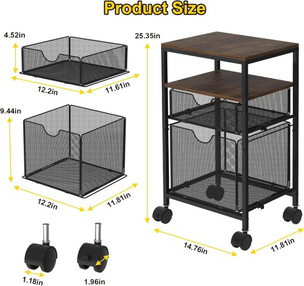 Rolling File Cart with 2 Storage Drawers, Wood & Mesh Hanging File Folder Organizer with Wheels Under Desk, File Cabinets for Home Office, 14.7" L x 11.8" D x 25.3" H - Image 3