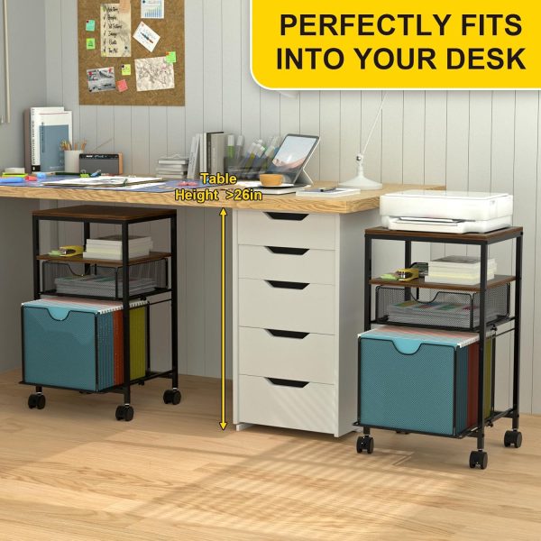 Rolling File Cart with 2 Storage Drawers, Wood & Mesh Hanging File Folder Organizer with Wheels Under Desk, File Cabinets for Home Office, 14.7" L x 11.8" D x 25.3" H - Image 4
