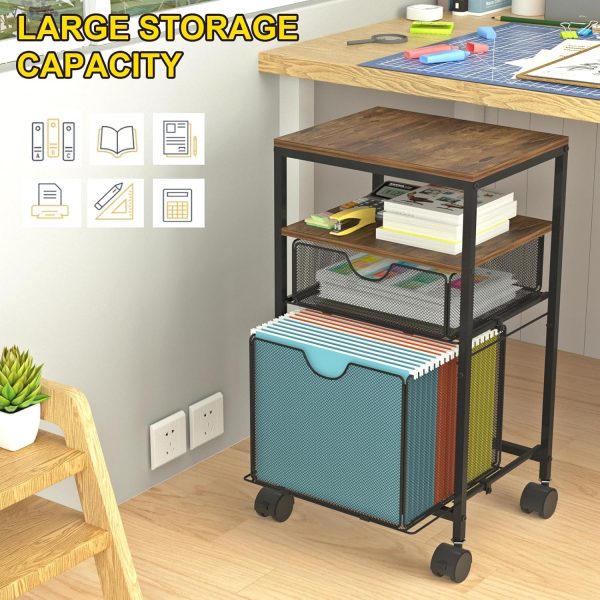 Rolling File Cart with 2 Storage Drawers, Wood & Mesh Hanging File Folder Organizer with Wheels Under Desk, File Cabinets for Home Office, 14.7" L x 11.8" D x 25.3" H - Image 5