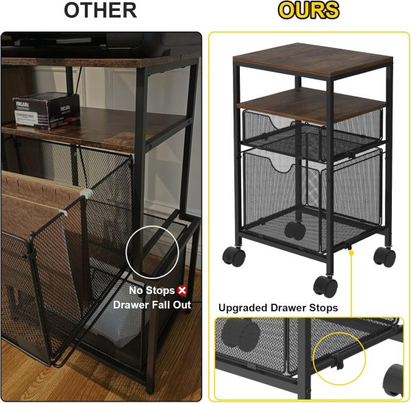 Rolling File Cart with 2 Storage Drawers, Wood & Mesh Hanging File Folder Organizer with Wheels Under Desk, File Cabinets for Home Office, 14.7" L x 11.8" D x 25.3" H - Image 6