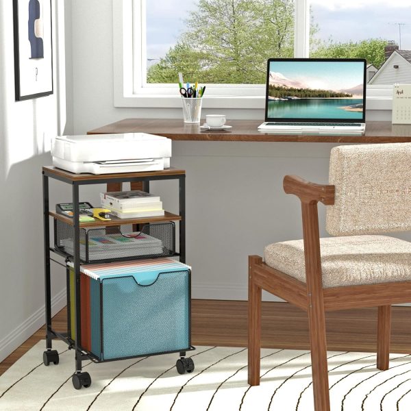 Rolling File Cart with 2 Storage Drawers, Wood & Mesh Hanging File Folder Organizer with Wheels Under Desk, File Cabinets for Home Office, 14.7" L x 11.8" D x 25.3" H - Image 7