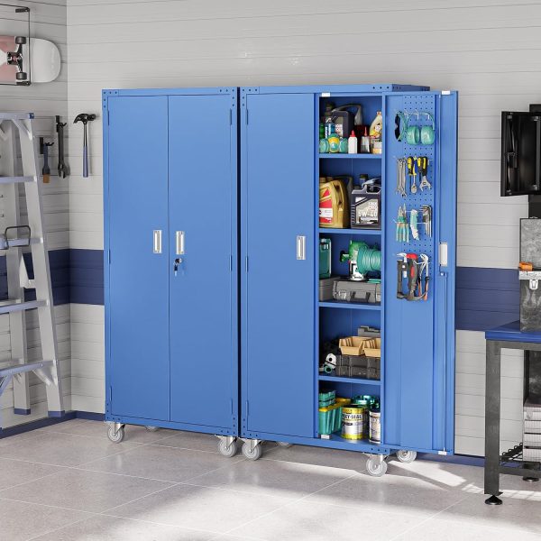 VINGLI 72'' Tall Metal Garage Storage Cabinet with Pegboards, Wheels, Locking Doors and Adjustable Shelves, File Cabinet/Tool Cabinet for Home Office/School (Blue, 32W x 16D x 72H) - Image 2
