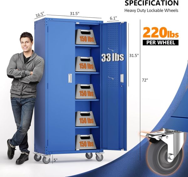 VINGLI 72'' Tall Metal Garage Storage Cabinet with Pegboards, Wheels, Locking Doors and Adjustable Shelves, File Cabinet/Tool Cabinet for Home Office/School (Blue, 32W x 16D x 72H) - Image 3