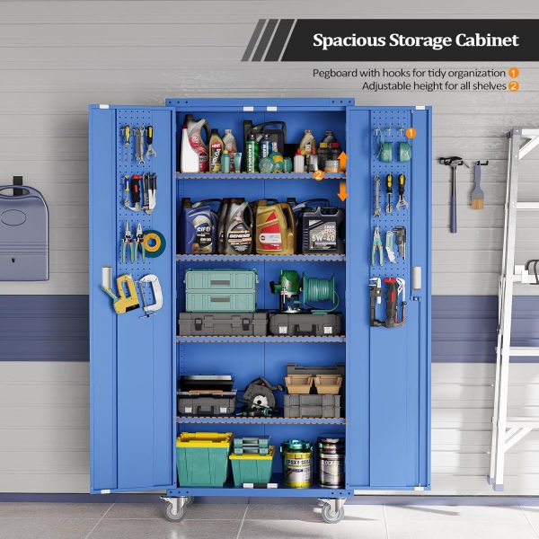 VINGLI 72'' Tall Metal Garage Storage Cabinet with Pegboards, Wheels, Locking Doors and Adjustable Shelves, File Cabinet/Tool Cabinet for Home Office/School (Blue, 32W x 16D x 72H) - Image 4