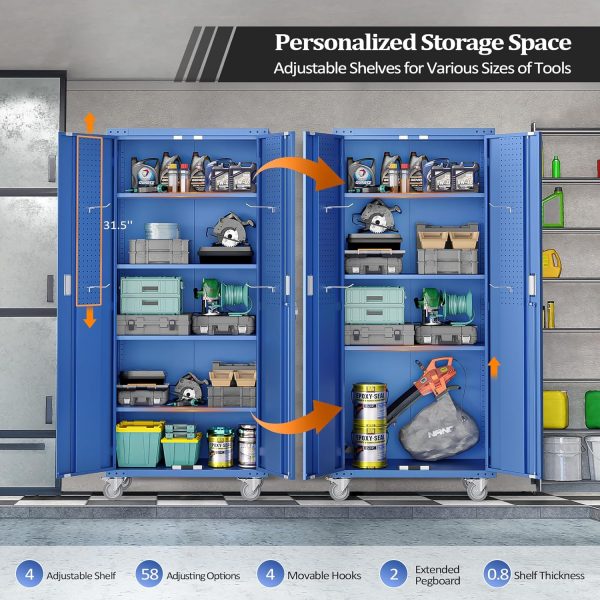 VINGLI 72'' Tall Metal Garage Storage Cabinet with Pegboards, Wheels, Locking Doors and Adjustable Shelves, File Cabinet/Tool Cabinet for Home Office/School (Blue, 32W x 16D x 72H) - Image 7