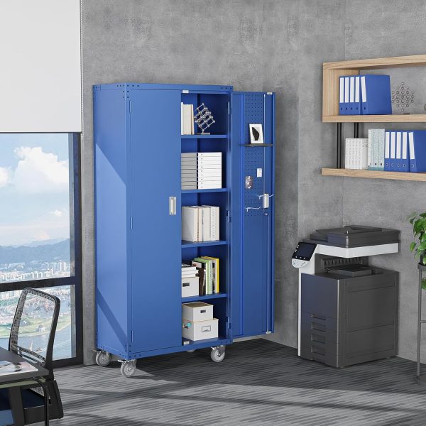 VINGLI 72'' Tall Metal Garage Storage Cabinet with Pegboards, Wheels, Locking Doors and Adjustable Shelves, File Cabinet/Tool Cabinet for Home Office/School (Blue, 32W x 16D x 72H) - Image 9